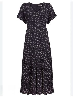 Mint Velvet Boho Flowy Fit Flare Short Sleeve Navy Maxi Dress US 14
